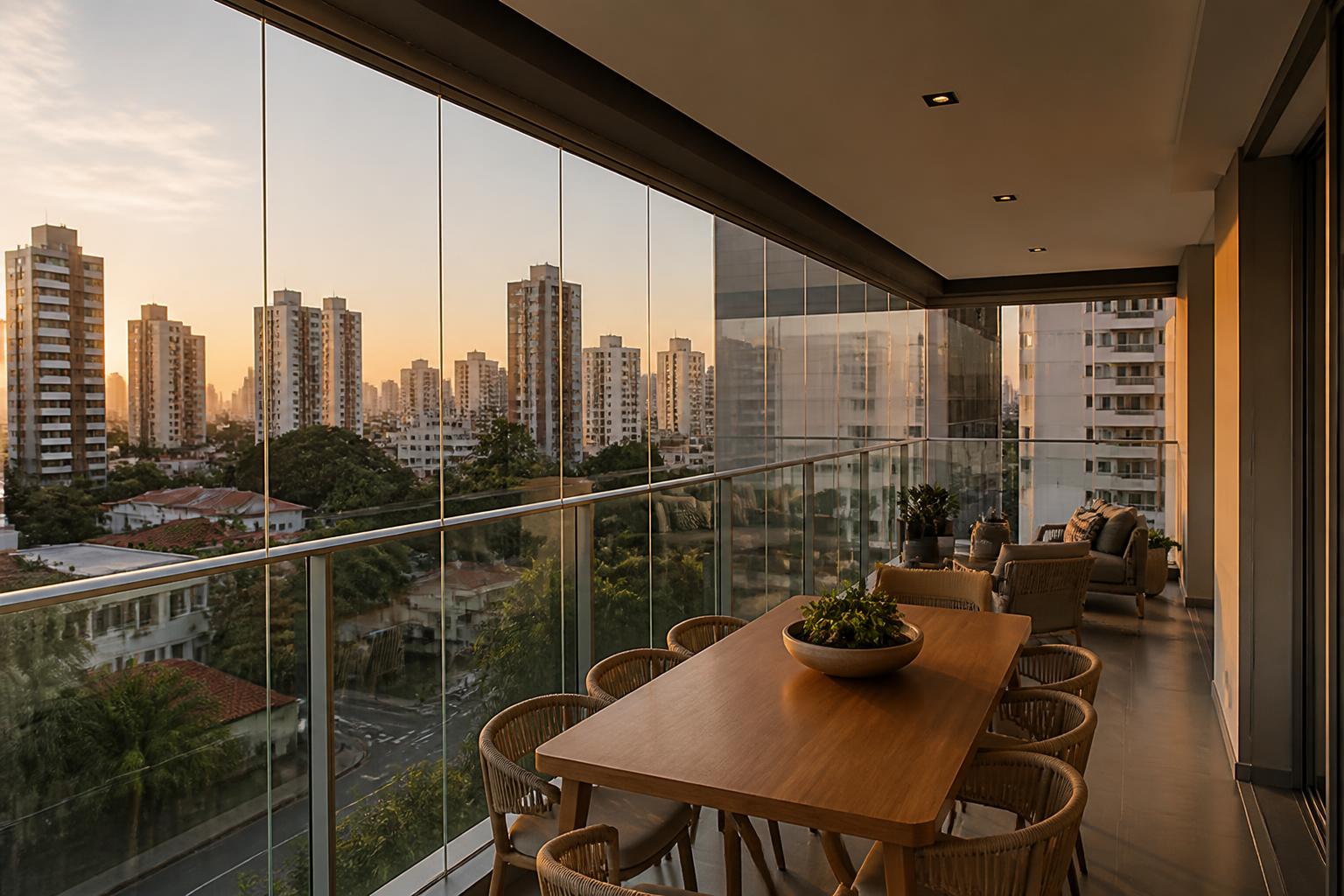 Fechamento de sacada em vidro com vista da cidade
